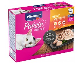 Vitakraft Cat mokré krmivo Poésie Délice Multipack masový 6 × 85g  Výhodné balení. Kompletní krmivo v kapsičkách uzpůsobené denním nutričním požadavkům koček. Viditelné kousky masa nebo ryby ve vydatné porci omáčky. Neobsahuje konzervanty, přidaná ochucov